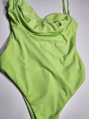 Zara Lime Green Draped Bodysuit Medium Ruched Spaghetti Strap Back Zip